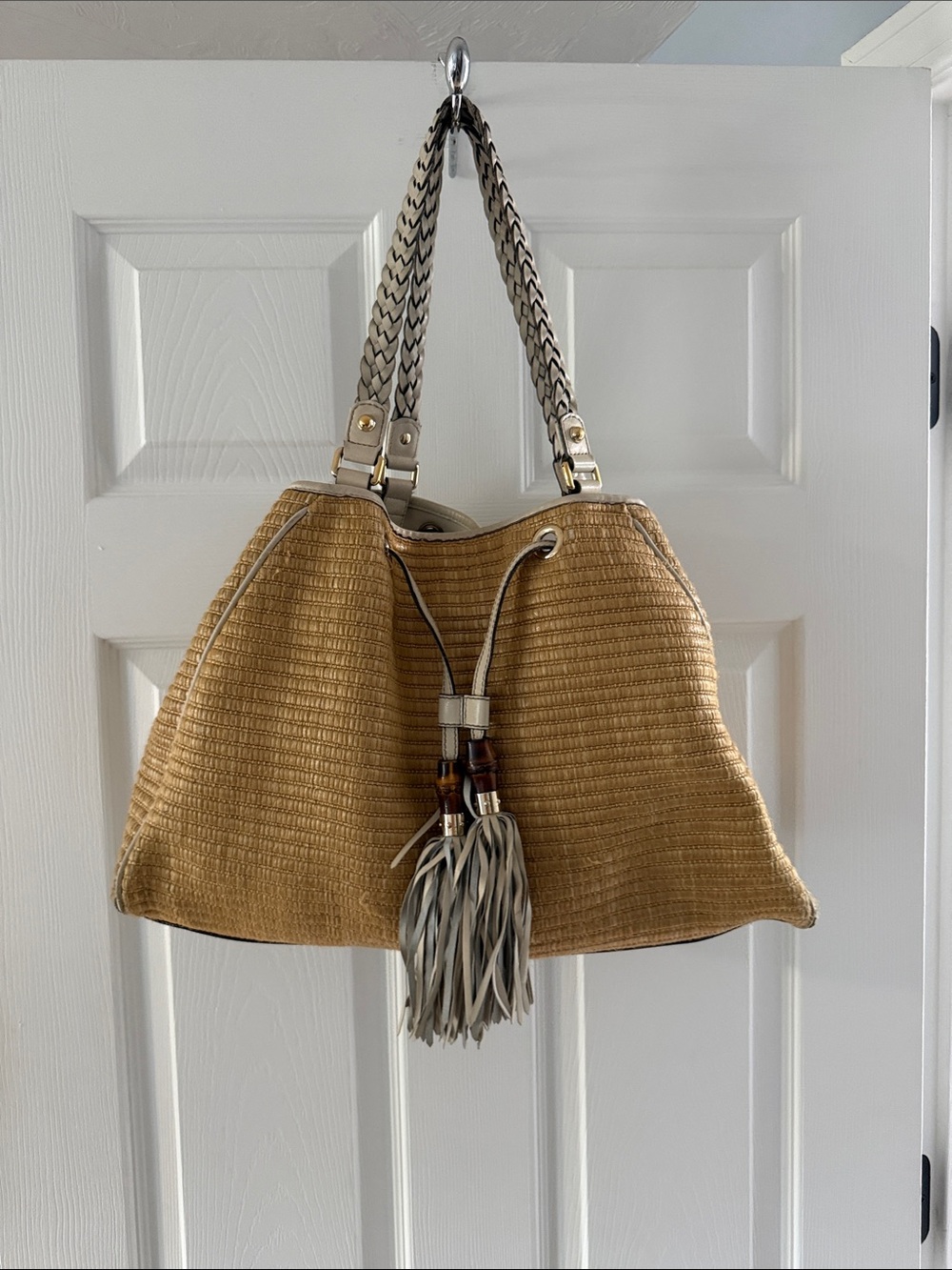 Gucci Tan Woven Tassel Hobo Shoulder Bag
